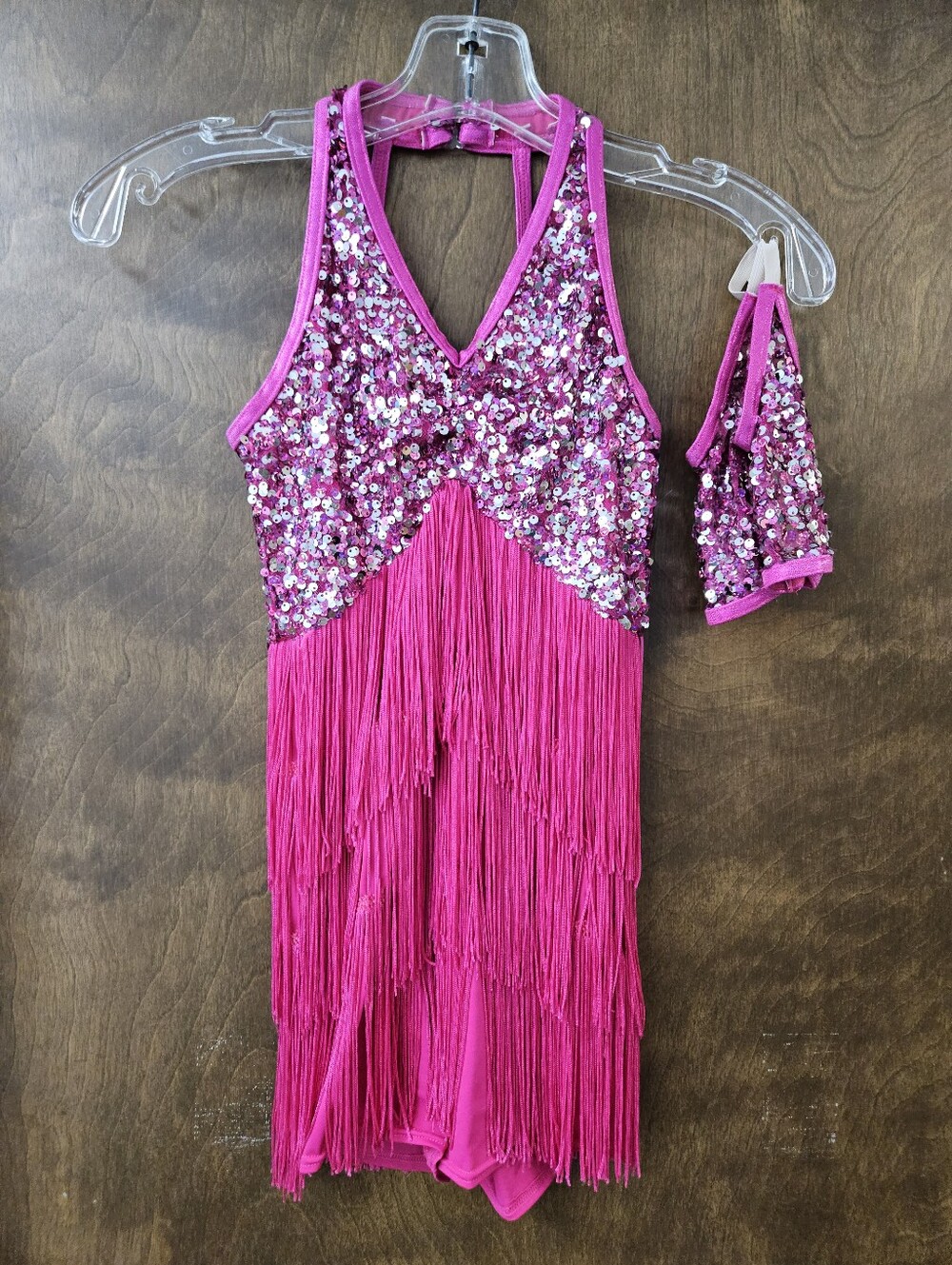Weissman Pink Sequin Fringe 10425 Halter Biketard With Guantlets Sz MC